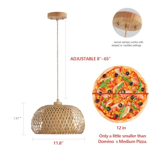 Bamboo Pendant Light Fixture One-Light Adjustable Boho Basket Handmade Woven Pendant Lighting for Kitchen Island Sink Farmhouse Dining Room - color: Natural-3