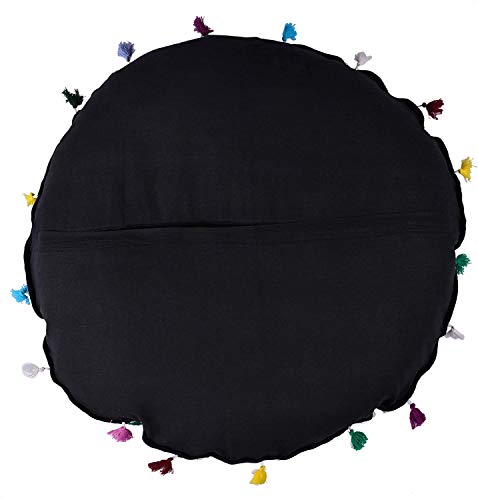 Indian Handmade Patchwork Codework Round Pouf Cover Ottoman Floor Pillow Cushion Seating Throw Decorative Pom Pom Pillow Cases Pouffe Poufs for Sitting Bohemian 32 Inches - color: Black