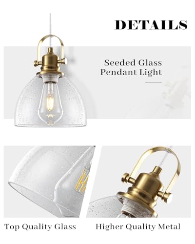 Gold Glass Pendant Lights Kitchen Island, 7.5" Blown Glass Pendant Light, Gold Modern Pendant Lights 1-Pack, Kitchen Hanging Lights for Kitchen Island, Dining Room, Bathroom, Cafe - color: Seeded Glass-Gold+Cord, size: 1-Pack