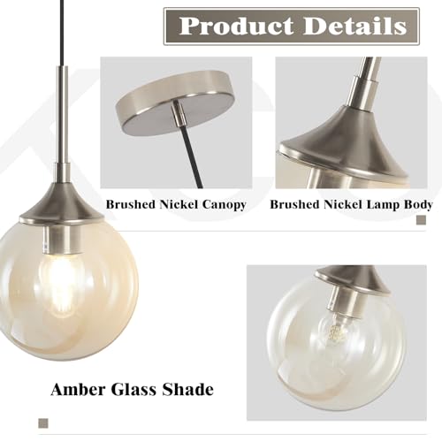 KCO Lighting 7.1" Amber Glass Pendant Light Brushed Nickel Pendant Lighting Modern Globe Pendant Light Mid Century Hanging Light Small Pendant Lights for Kitchen - color: Silver+Amber