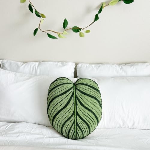 Green Philosophy Co. Tufted Calathea Orbifolia Leaf Pillow - Green Leaf Throw Pillow for Couch or Bed, Soft Botanical Themed Decorative Pillow, Cute Plant Pillow for Home Decor - color: Light Green