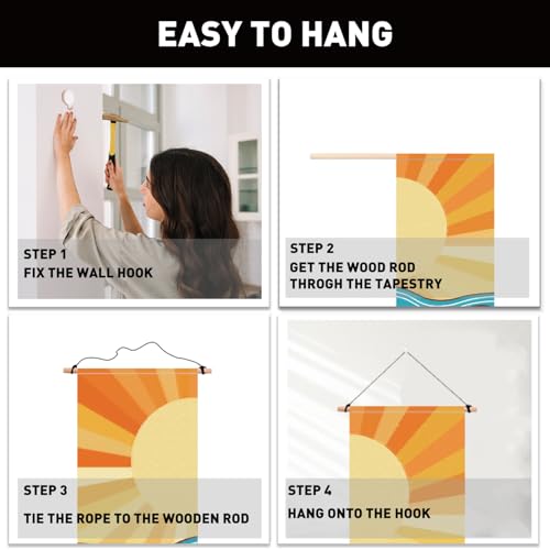 PLIGREAT 2 Pack Bohemia Sunrise Tapestry Abstract Ocean Waves Wall Hanging with Tassels Vertical Nature Wall Tapestry for Living Room Bedroom Bathroom Long Narrow Home Hanging Decor, 46" x 13" - color: Yellow and Red