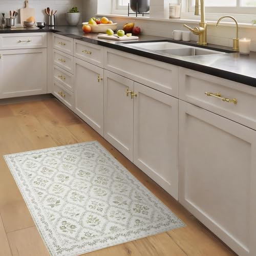 Small Green Rugs 2x3 Sage Green Kitchen for Entryway, Soft Washable Floral Printed Small Area Rug, Non-Slip Kitchen Mat, Low-Pile Indoor Bathroom Farmhouse Carpet for Entrance Cottage Boho - color: Sage / Cream, size: 2' x 3' (Rectangular)
