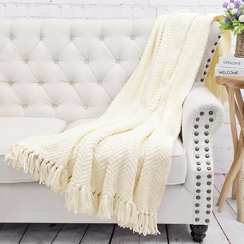 Home Soft Things White Throw Blanket Knitted Tweed Throw 50'' x 60'', Antique White, Super Soft Cozy Warm Comfortable Breathable Throw for Living Room Chair Couch Bed Sofa Bedroom Home Décor - color: Antique White, size: 50 in x 60 in