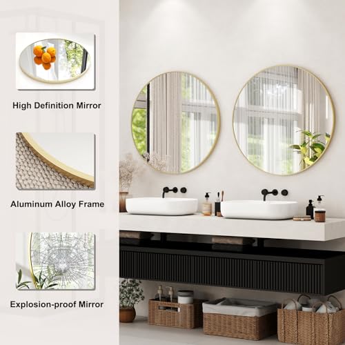 36 Inch Round Bathroom Mirror - Gold Wall Mounted Circle Mirror with Metal Frame, Modern Round Hanging Mirror Suitable for Bathroom, Vanity, Entryway, Living Room - color: Gold, size: 36"L x 36"W