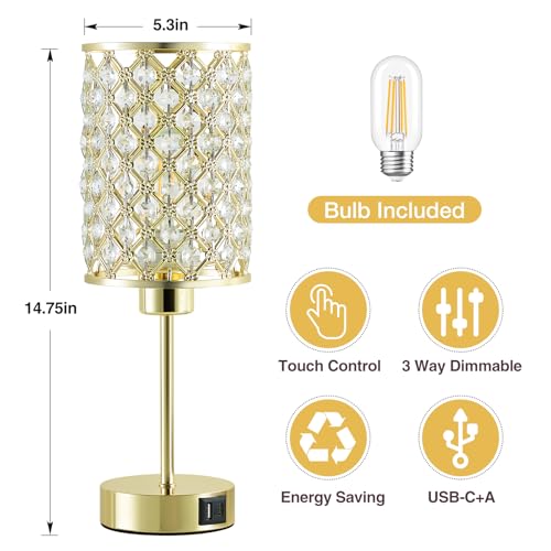 GyroVu Crystal Table Lamp, Gold Touch Lamp for Nightstand with USB C+A Ports, Dimmable Lamp with Crystal Shade, Bedside Lamp Small Lamp for Bedroom, Living Room(Buld Included) - color: Gold, size: 14.75"