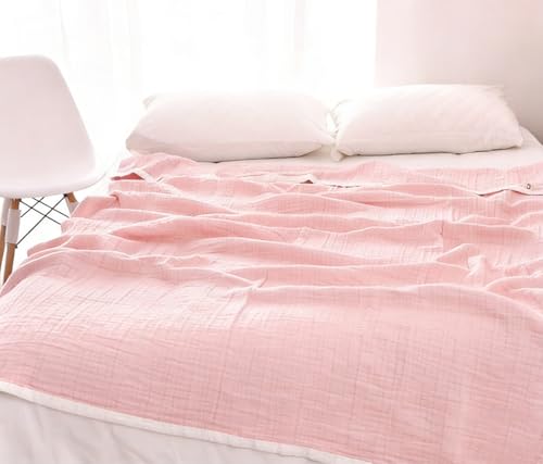 100% Cotton Muslin Blanket 60"x80", Pink Throw Blankets for Couch Bed Sofa Chair, 4-Layer Soft Cozy Quilt Travel Blanket, Farmhouse Decor,All Seasons - color: Pink