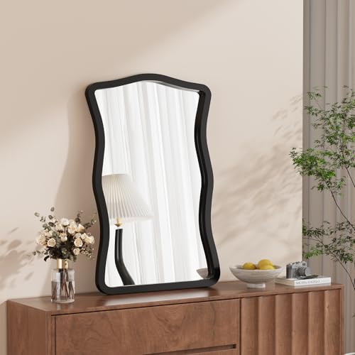 ULIKE Wavy Wall Mirror for Bathroom, 24x36 Wood Frame Mirror for Over Sink, Rustic Wall Mirrors Decorative and Vanity Mirrors for Bedroom Living Room Entryway, Black - color: Rectangular Black