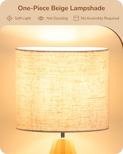 EDISHINE Small Table Lamp, Boho Bedside Lamp with Linen Fabric Shade, Wood Tripod Nightstand Lamp for Nursery, Living Room, Bedroom, Narrow End Table, UL Listed, 14.2 Inch, ON/Off Switch - style: Vintage