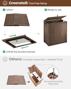 Greenstell Laundry Hamper with lid, No Install Needed, 110L Wicker Laundry Baskets Foldable 2 Removable Liner Bags, 2 Section Clothes Hamper Handwoven Rattan Laundry Basket with Handles, Brown - color: Brown