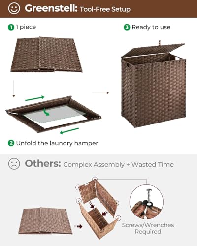 Greenstell Laundry Hamper with lid, No Install Needed, 110L Wicker Laundry Baskets Foldable 2 Removable Liner Bags, 2 Section Clothes Hamper Handwoven Rattan Laundry Basket with Handles, Brown - color: Brown