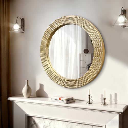 WAMIRRO Gold Round Wood Wall Mount Mirror, 24 Inch Hand Carved Solid Wood Frame Circle Mirror, Farmhouse Boho Decor for Living Room, Bathroom, Bedroom, Hallway & Entryway - size: 24"L x 24"W
