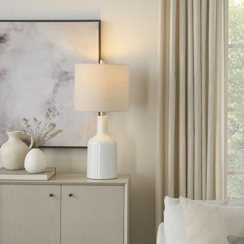 Nourison Home 22" White Glossy Ceramic Table Lamp with Oatmeal Linen Shade for Modern Farmhouse, Bedside Lamp, Living Room Lamp, Small Accent Lamp for Dining Room - color: White