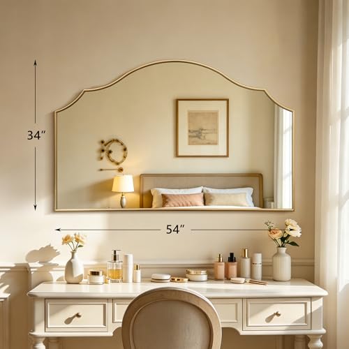 Besdomus Oversized Scalloped Gold Mirror: 54"x34" Modern Minimalist Wood Frame Wall Mirror - Decorative Fireplace Arched Mirrors for Bathroom/Entryway/Vanity/Living Room - Home Decor for Fashion Women - color: Gold Leaf, size: 34"L x 54"W