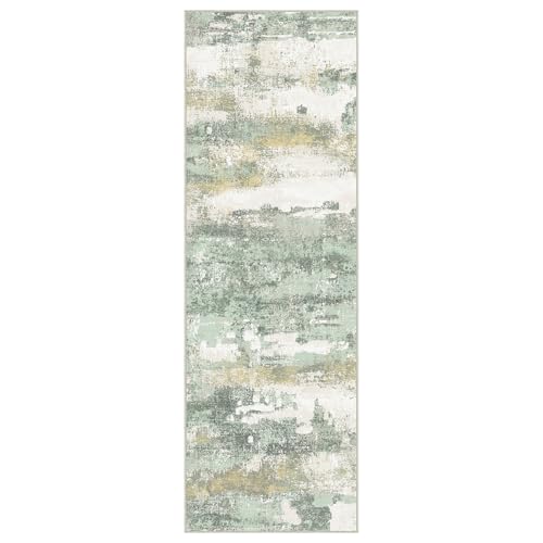 BEIMO Runner Rug for Hallway Kitchen, 2'6"x10' Machine Washable Runners Rug for Entryway, Soft Modern Abstract Throw Rugs, Low Pile Floor Cover with Non Slip Backing, Light Green - color: Light Green/Cream, size: 2'6" x 10' (Rectangular)