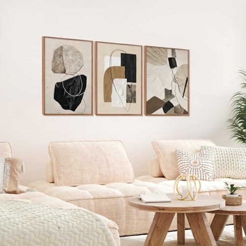 CHDITB Neutral Abstract Framed Wall Art For Living Room, Minimalist Geometric Wall Decor, 3 Piece Modern Canvas Prints, Boho Black And Beige Pictures For Living Room Hallway Stair Office Decor 12”X16” - color: Geometric