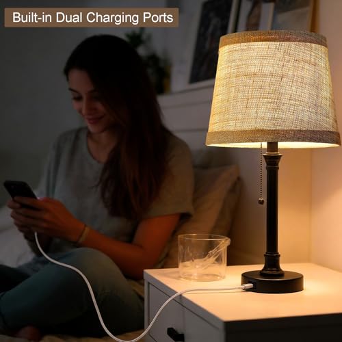 Oneach 19.5" Small Table Lamp with USB A+C Charging Ports, Black Modern Rustic Bedside Lamp with Natural Shade, Black Metal Pull Chain Desk Lamps for Living Room, Bedroom, Nightstand - color: Black USB-1Pack