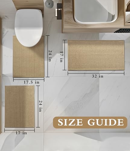 YIHOUSE Bathroom Rugs Sets 3 Pieces, Beige Ultra Thin Bath Mats Fit Under Door, Absorbent Quickly Dry Rubber Backing Braided Bath Mat Set, Non Slip Washable Bath Rugs for Bathroom Floor, Beige - color: Beige, size: 3pieces