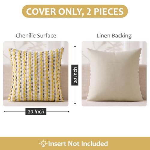 ANRODUO Boho Chenille Textured Tufted Pillow Covers 20x20 Inch Set of 2 Woven Decorative Throw Pillow Covers with Raised Stripes Accent Neutral Pillowcase for Couch Sofa Bed Living Room, Yellow Cream - color: Yellow Cream, size: 20" x 20" (Pack of 2)