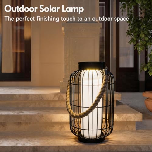 pearlstar Large Solar Powered Lantern Outdoor-Heavy Duty Metal Hanging Lights Decorative Solar Table Lamp Waterproof for Outside Patio Yard Garden Porch Tabletop Decor (Black) - color: Black