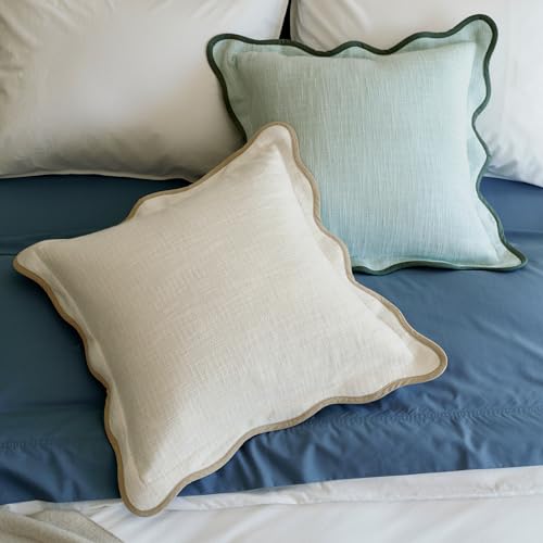 Double Stitch Scalloped Throw Pillow Covers - 100% Cotton Set of 2 Decorative Boho Pillow Covers 18 x 18, Made in India, Square Cushion Case, Modern Home Decor for Couch Sofa Living Room, Cream - color: Cream, size: 18" x 18" (Pack of 2)