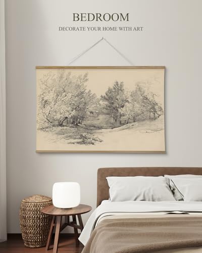 ARPEOTCY Extra Large Vintage Framed Wall Art, 36x54 Inch Sketch Forest Landscape Hanging Canvas Prints, Scroll Wall Decor for Living Room Bedroom, Retro Scenery Pictures Above of Bed - color: Sketch Deep Forest