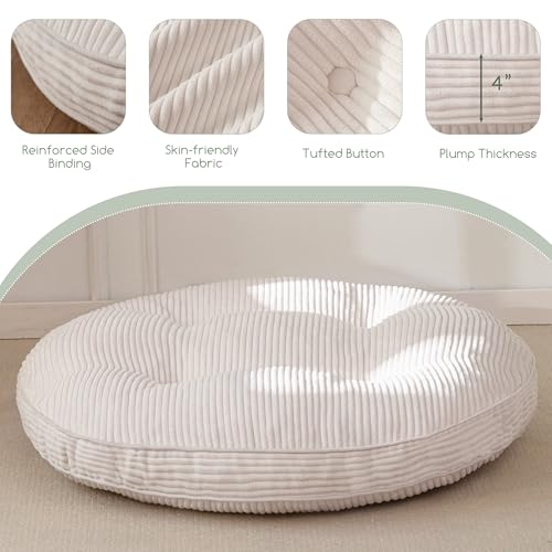 HIGOGOGO 35" Floor Pillow Cushion for Adults, Meditation Cushion Pillow, Extra Large Square Floor Sitting, Tufted Corduroy Cover for Tatami Living Room or Yoga, Beige - color: Beige, size: 4" Thick Round