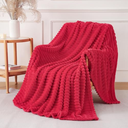 Cherry Red Throw Blanket for Couch Sofa 60x80 inches Striped Fleece Blankets Room Home Decor Lightweight Plush Soft Cozy Gifts for Women Mom Girls - color: Cherry Red, size: Twin(60"x80")