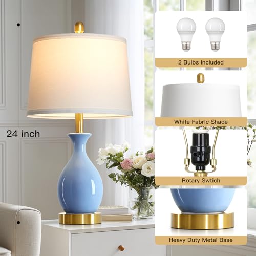 24″ Light Blue Ceramic Table Lamps Set of 2, Modern Classic Bedside Lamps for Bedroom Nightstand, Small Table Lamp for Living Room Side Table (2 LED Bulbs Included) - color: Light Blue - 24"H