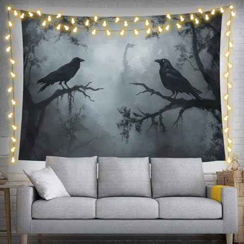 ZKPeFeH Misty forest crows Tapestry Crow Tapestry Raven Tapestry Halloween Tapestry Gothic Tapestries Full Moon Tapestry 50x60 Inch - color: Misty forest crows 0, size: 50x60 Inch