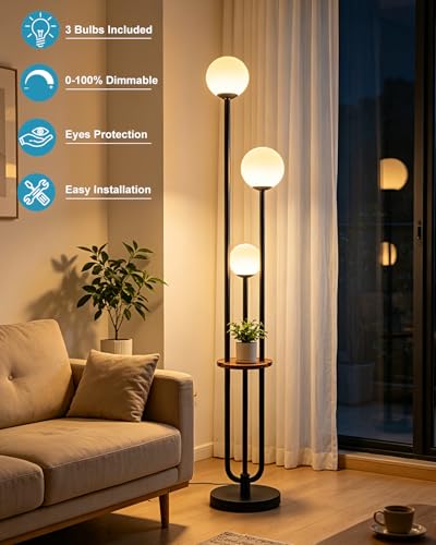 63IN Black Floor Lamp with Shelf Mid Century Modern Tall Standing Lamps with 3000K Warm White Bulb Included Dimmable Globe Floor Lamp with 5Lbs Heavy Base for Living Room/Bedroom/Home Decor - color: 3 Globe-Black Shelf