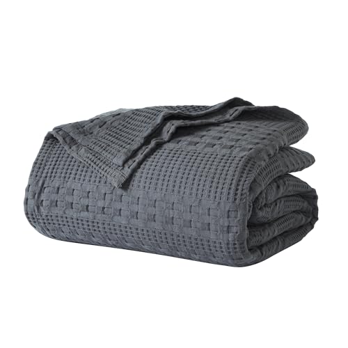 VHC Brands 100% Cotton Waffle Weave Queen Blanket 90"x90", Decorative Lightweight Spring and Summer Throw Blanket, Bedroom Decor for Bed, Couch, or Sofa, Dark Grey - color: Dark Gray, size: Queen (90"x90")