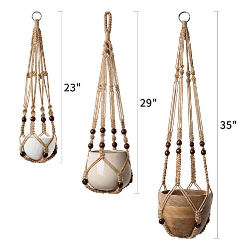 Mkono 3 Pack Macrame Plant Hangers Indoor Different Size Hanging Planter Basket Flower Pot Holder with Beads No Tassels 35"/29"/23", Medium, Brown - color: Brown, size: Medium