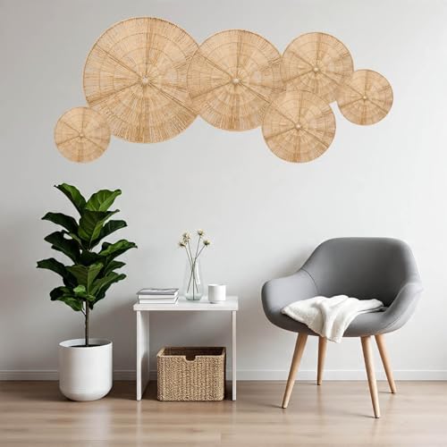 Laquedecraft Boho Wicker Rattan Plate Basket Set For Décor Hanging Wall | Large Woven Farmhouse Rustic Bohemian Art Baket Hangings For Decorative Home, Bedroom, Living Room, Kitchen, Bathroom (Classic, Natural, Set of 6) - size: Set of 6, style: Classic