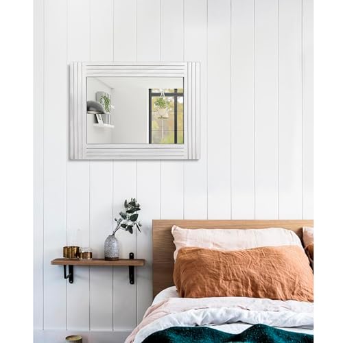 Rustic Wall Mirror - Rectangular Antique Wooden Frame - Farmhouse Bedroom & Entryway - Large White - 20" x 16" - color: Ivory, size: 20"L x 16"W