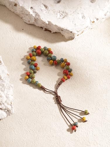 MINACHI Bohemian Colorful Ceramic Bead Adjustable Cord Bracelet, Hippie Boho Summer Fashion Jewelry Gift for Women - color: S02