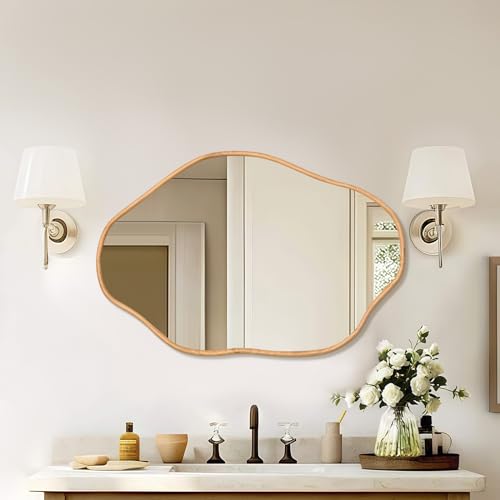 ULIKE Irregular Wall Mirror, 24x36 Inch Asymmetrical Wall Mirror with Solid Wood Frame, Mid-Century Modern Decor with Natural Wood, Vanity Mirrors for Bathroom Bedroom Living Room Entryway - color: A Wood-irregular