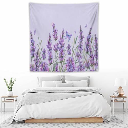 HZOHNAGO Lavender Flower Tapestry Watercolor Purple Floral Butterfly Pattern Printed Wall Tapestry Wall Hanging for Bedroom Living Room Dorm 60" W x 60" H - color: Lavender-10, size: 60"L x 60"W