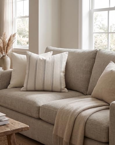 SanVia Cotton Throw Pillow Covers 20x20 – Handwoven Jacquard Texture, Fade-Resistant, No Pilling – Hidden Zipper, Decorative Cushion Cover for Sofa, Couch, Bed – Insert Not Included (Farmhouse, Grey) - color: Ivory Gray, size: 20" x 20"