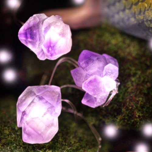 Genuine Amethyst Crystal Fairy Lights, Natural Healing 20 Raw Stones String of Lights 6.5ft Remote Control USB Plug in for Reiki Ornaments Bedroom Wedding Decoration