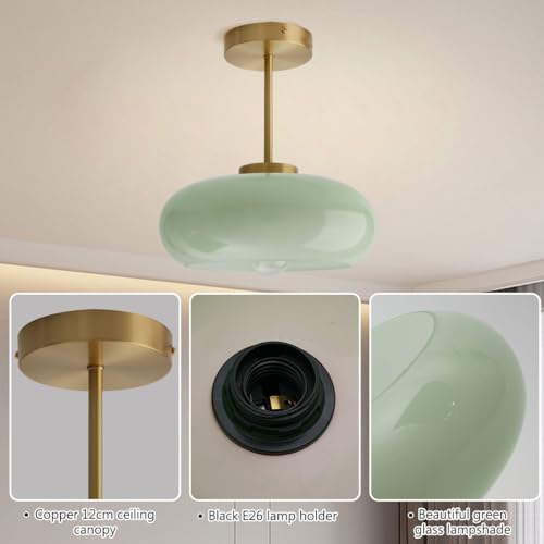 Milk Glass Ceiling Light Semi Flush Mount Ceiling Lights fixtures with Milk Green Glass Shade Mid Century Modern Flush Mount Lighting Gold Brass Close to Lamp for Hallway Kitchen Sink - color: Milk Green 2