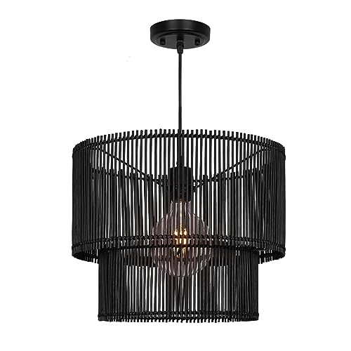 Woven Rattan Pendant Lamp, 16 Inch Large Natural Simple Hand Weaved Coastal Beach Black Rope Hanging Pendant Light Fixture for Dining Room Living Room Bedroom Kitchen Foyer - size: 6528L