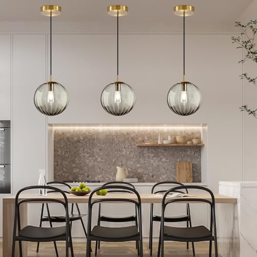 Modern Smoke Grey Glass Pendant Light, Kitchen Island Lighting 3-Pack Globe Pendant Light Fixtures Century Kitchen Island Pendant Lighting for Bedroom Living Dining Room Light Fixture (Without Bulb) - color: BW-Smoky Gray-1 Light-3PC