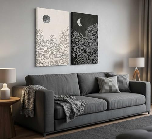2 Pcs Modern Minimalist Boho Canvas Wall Art Neutral Black And White Abstract Sun And Moon Lines Paintings Pictures Wall Decor Poster Print Artwork for Living Room Bedroom Home Decoration - color: Black White-Canvas, size: 12x16in-Canvas