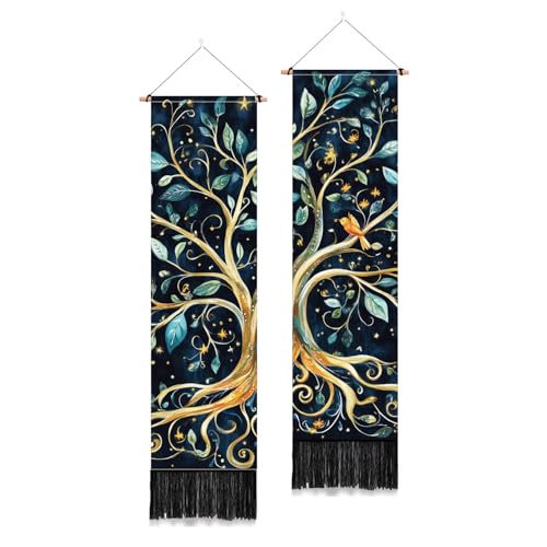 PLIGREAT 2 Pack Tree of Life Long Tapestry Vertical Leaves Birds Wall Hanging with Tassels Black Aesthetic Wall Tapestry for Bedroom Bathroom Living Room Long Narrow Home Hanging Decor - color: Green and Gold
