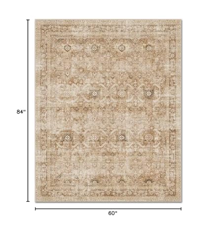 Washable 5x7 Area Rugs for Living Room, Boho Non-Slip Vintage Rug for Bedroom Dining Room Nursery Office, 0.3" Neutral Oriental Throw Thin Carpet with Cushioning Pad, Brown/Multi, C1 - color: Brown/Multi, size: 5' x 7' (Rectangular)