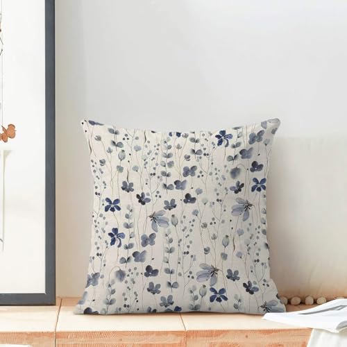 Spring Blue Floral Throw Pillow Covers 18x18 Set of 2, Flower Print Linen Decorative Pillow Covers Watercolor Branch Decoration Outdoor Cushion Cover Blue Floral Pillowcase for Sofa Couch Farmhouse - color: Spring Flower1, size: 18" x 18" (Pack of 2)