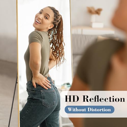DUMOS 21"x56" Full Length Mirror with Stand, Floor Standing Aluminum Frame, Shatter-Proof Nano Glass for Bedroom, Living Room, Cloakroom – Modern Simple Home Decor,Can Be Hanging or Leaning, Gold - color: Gold-rect Edge, size: 56"L x 21"W