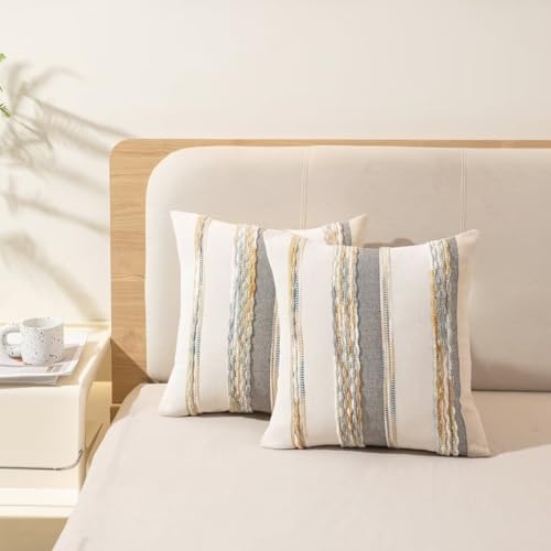 Boho Throw Pillow Covers 18x18 Set of 2 Farmhouse Decorative Cushion Case Striped Square Pillows Cover Chenille Pillow Cases Accent Neutral Pillowcase for Sofa Couch Bed,Orange-Gray - color: Orange-gray Stripe