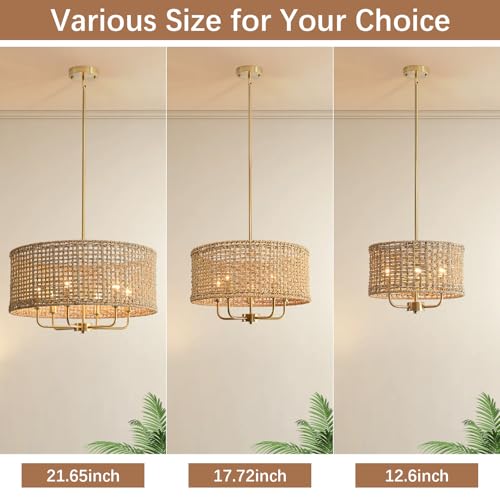 3-Light Rattan Chandelier Chandeliers for Dining Room, Boho Chandelier, Coastal Hand Woven Pendant Light Fixture for Kitchen Island Entryway Foyer Living Room Bedroom UL Listed Gold - color: Gold, size: 12.6"